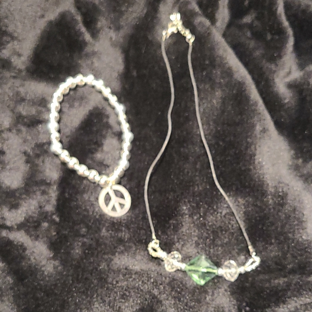Silver Peace Sign Bracelet and Green Crystal Bracelet Set